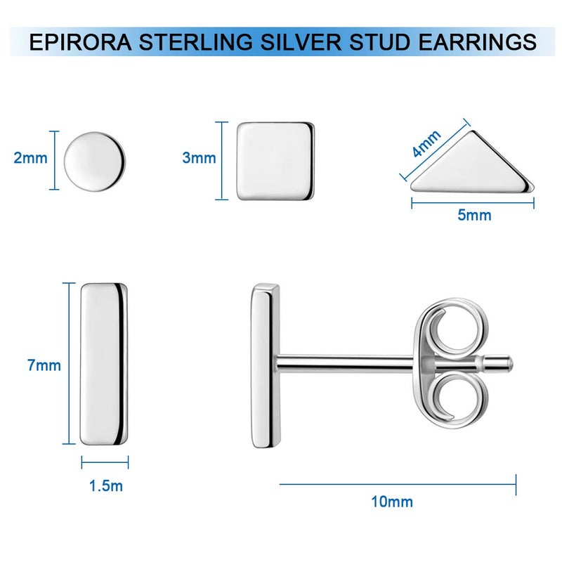 EPIRORA Sterling Silver Stud Earrings for Women Men- 4 Pairs of Hypoallergenic Simple Geometric Small Stud Earring Set Tiny Circle Triangle Square Bar Stud Earrings Mini Cartilage Tragus Earrings(Sliver) - Image 2